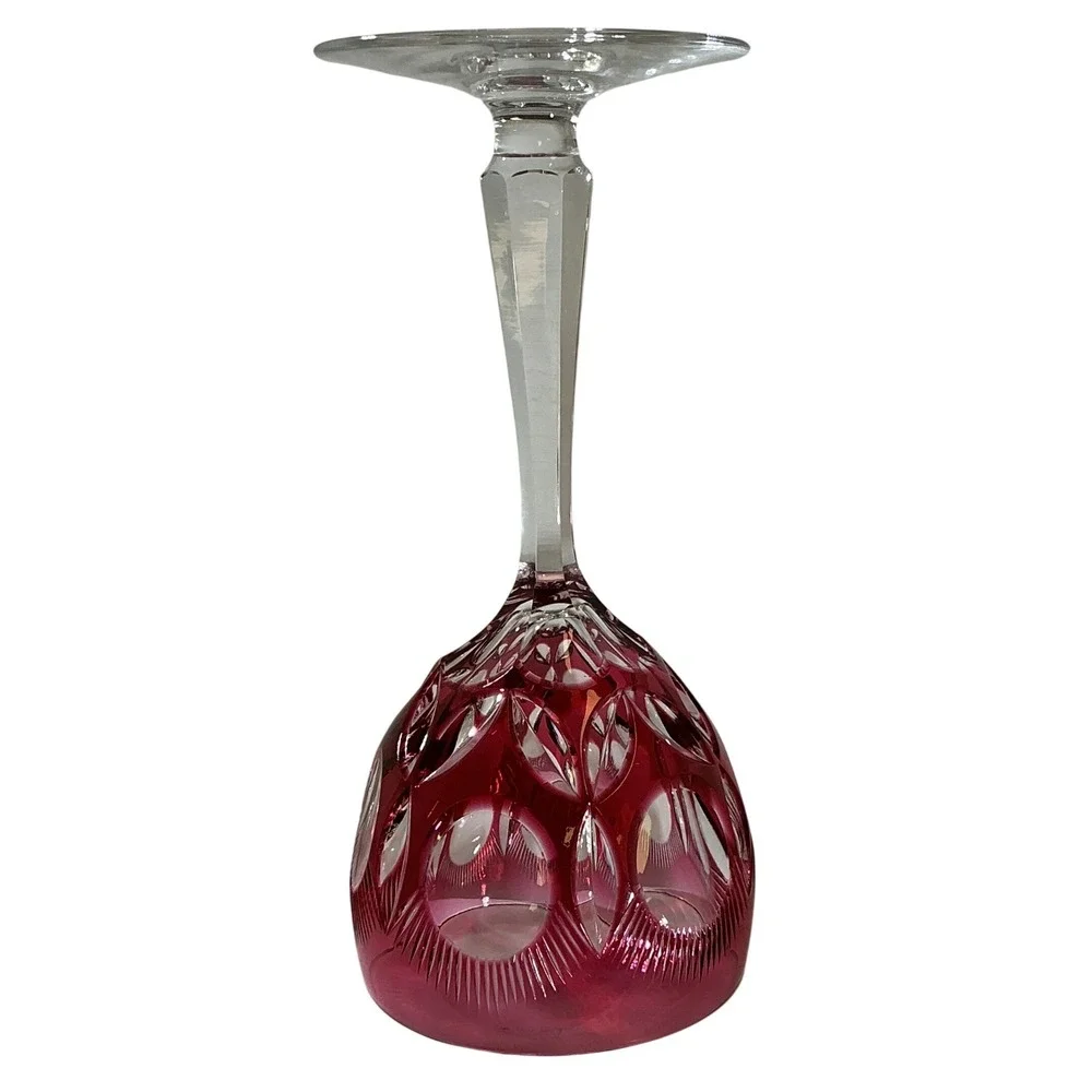 Vintage Cranberry Cut to Clear Crystal Wine Goblet Ruby Red Faceted Stem 7.75